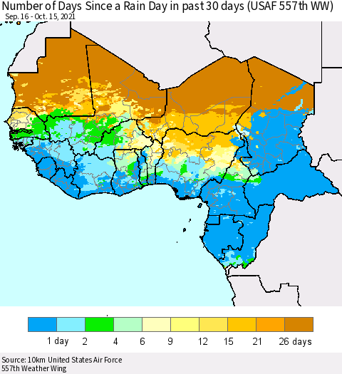 Western Africa Number of Days Since a Rain Day in past 30 days (USAF 557th WW) Thematic Map For 10/11/2021 - 10/15/2021