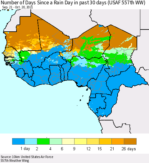 Western Africa Number of Days Since a Rain Day in past 30 days (USAF 557th WW) Thematic Map For 10/16/2021 - 10/20/2021