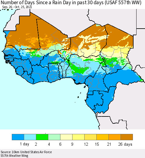 Western Africa Number of Days Since a Rain Day in past 30 days (USAF 557th WW) Thematic Map For 10/21/2021 - 10/25/2021