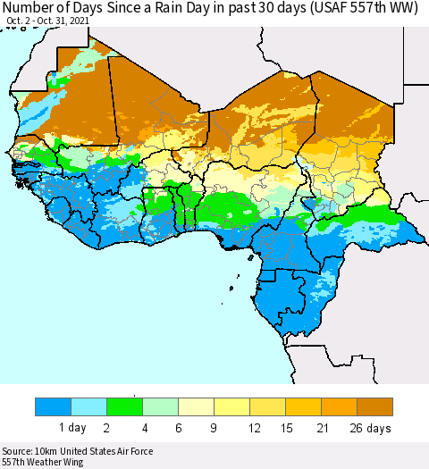 Western Africa Number of Days Since a Rain Day in past 30 days (USAF 557th WW) Thematic Map For 10/26/2021 - 10/31/2021