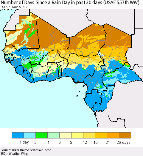 Western Africa Number of Days Since a Rain Day in past 30 days (USAF 557th WW) Thematic Map For 11/1/2021 - 11/5/2021