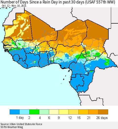 Western Africa Number of Days Since a Rain Day in past 30 days (USAF 557th WW) Thematic Map For 11/6/2021 - 11/10/2021