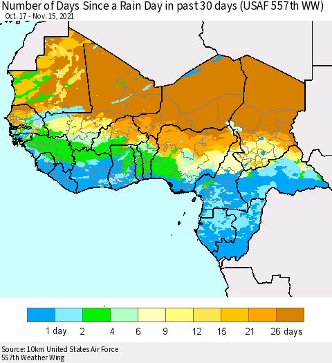Western Africa Number of Days Since a Rain Day in past 30 days (USAF 557th WW) Thematic Map For 11/11/2021 - 11/15/2021