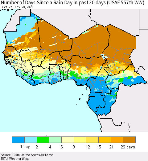 Western Africa Number of Days Since a Rain Day in past 30 days (USAF 557th WW) Thematic Map For 11/16/2021 - 11/20/2021