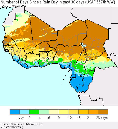 Western Africa Number of Days Since a Rain Day in past 30 days (USAF 557th WW) Thematic Map For 11/21/2021 - 11/25/2021