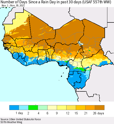 Western Africa Number of Days Since a Rain Day in past 30 days (USAF 557th WW) Thematic Map For 11/26/2021 - 11/30/2021