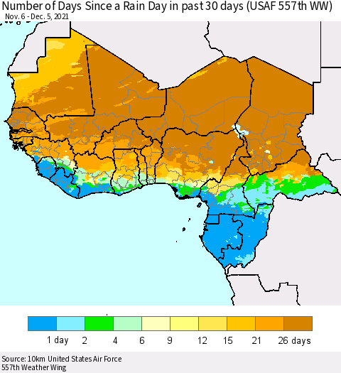 Western Africa Number of Days Since a Rain Day in past 30 days (USAF 557th WW) Thematic Map For 12/1/2021 - 12/5/2021