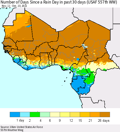 Western Africa Number of Days Since a Rain Day in past 30 days (USAF 557th WW) Thematic Map For 12/6/2021 - 12/10/2021