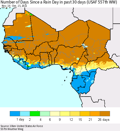 Western Africa Number of Days Since a Rain Day in past 30 days (USAF 557th WW) Thematic Map For 12/11/2021 - 12/15/2021