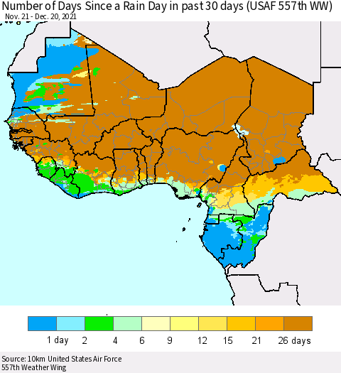 Western Africa Number of Days Since a Rain Day in past 30 days (USAF 557th WW) Thematic Map For 12/16/2021 - 12/20/2021
