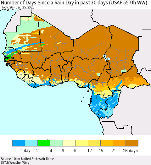 Western Africa Number of Days Since a Rain Day in past 30 days (USAF 557th WW) Thematic Map For 12/21/2021 - 12/25/2021
