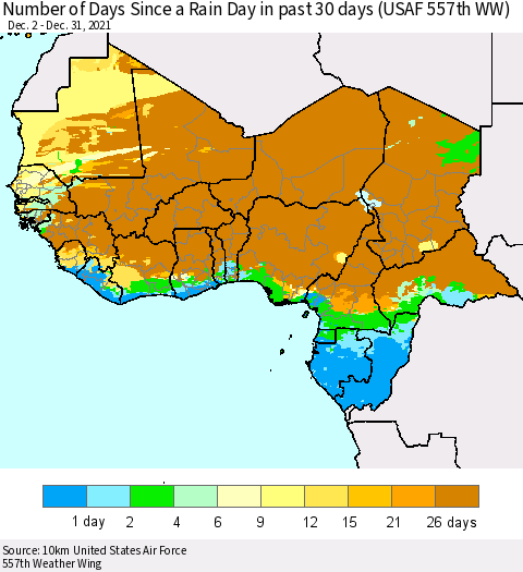 Western Africa Number of Days Since a Rain Day in past 30 days (USAF 557th WW) Thematic Map For 12/26/2021 - 12/31/2021