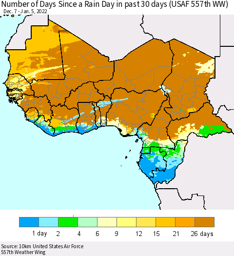 Western Africa Number of Days Since a Rain Day in past 30 days (USAF 557th WW) Thematic Map For 1/1/2022 - 1/5/2022