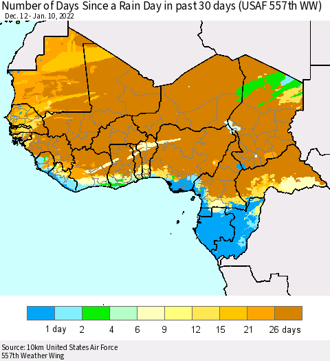 Western Africa Number of Days Since a Rain Day in past 30 days (USAF 557th WW) Thematic Map For 1/6/2022 - 1/10/2022