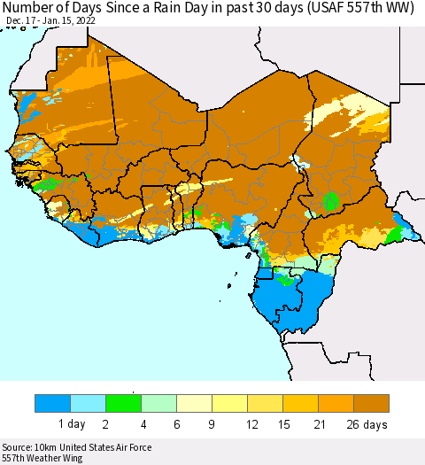 Western Africa Number of Days Since a Rain Day in past 30 days (USAF 557th WW) Thematic Map For 1/11/2022 - 1/15/2022