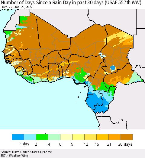 Western Africa Number of Days Since a Rain Day in past 30 days (USAF 557th WW) Thematic Map For 1/16/2022 - 1/20/2022