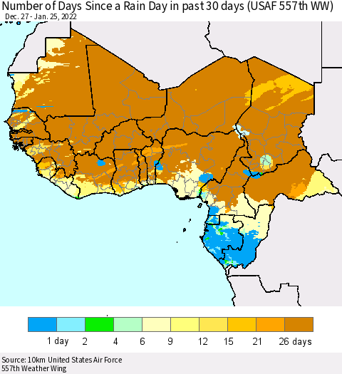 Western Africa Number of Days Since a Rain Day in past 30 days (USAF 557th WW) Thematic Map For 1/21/2022 - 1/25/2022