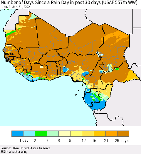 Western Africa Number of Days Since a Rain Day in past 30 days (USAF 557th WW) Thematic Map For 1/26/2022 - 1/31/2022