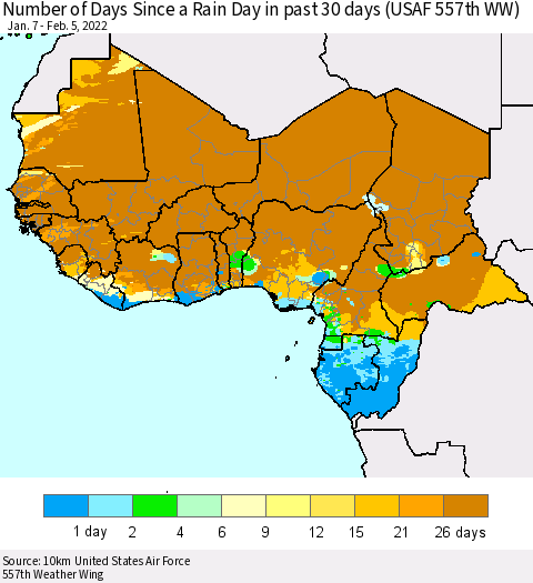 Western Africa Number of Days Since a Rain Day in past 30 days (USAF 557th WW) Thematic Map For 2/1/2022 - 2/5/2022