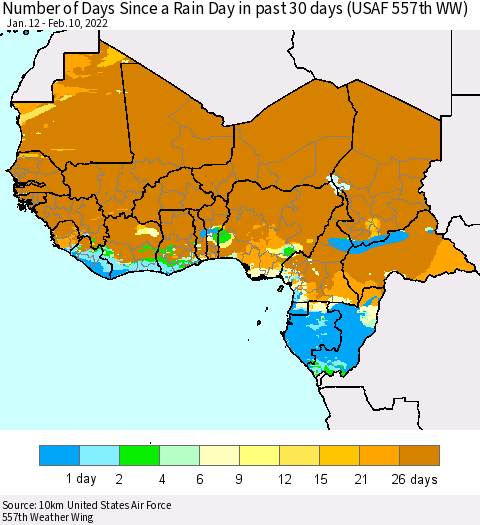 Western Africa Number of Days Since a Rain Day in past 30 days (USAF 557th WW) Thematic Map For 2/6/2022 - 2/10/2022