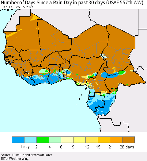 Western Africa Number of Days Since a Rain Day in past 30 days (USAF 557th WW) Thematic Map For 2/11/2022 - 2/15/2022