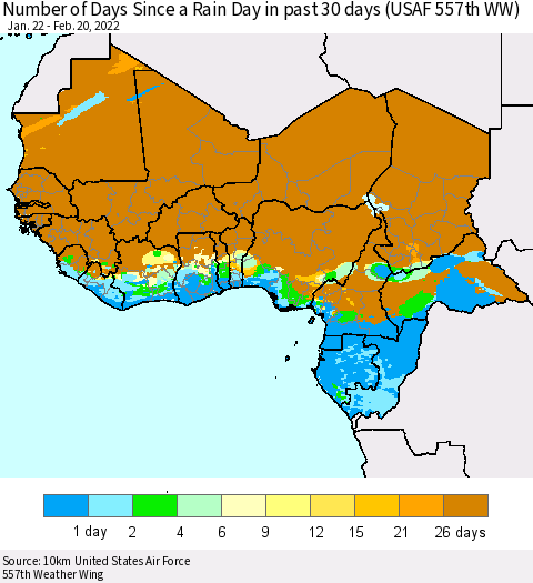 Western Africa Number of Days Since a Rain Day in past 30 days (USAF 557th WW) Thematic Map For 2/16/2022 - 2/20/2022