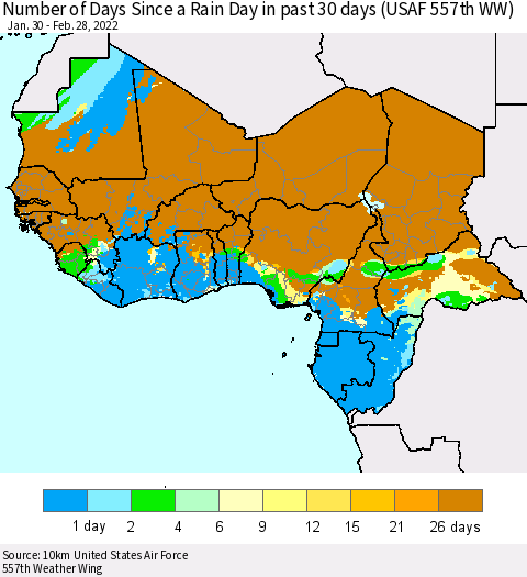 Western Africa Number of Days Since a Rain Day in past 30 days (USAF 557th WW) Thematic Map For 2/26/2022 - 2/28/2022