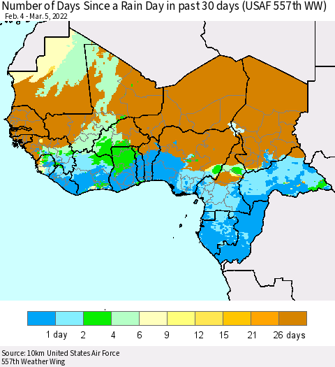 Western Africa Number of Days Since a Rain Day in past 30 days (USAF 557th WW) Thematic Map For 3/1/2022 - 3/5/2022