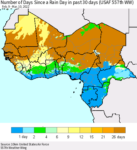 Western Africa Number of Days Since a Rain Day in past 30 days (USAF 557th WW) Thematic Map For 3/6/2022 - 3/10/2022