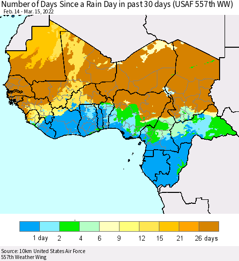 Western Africa Number of Days Since a Rain Day in past 30 days (USAF 557th WW) Thematic Map For 3/11/2022 - 3/15/2022