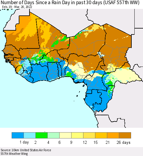 Western Africa Number of Days Since a Rain Day in past 30 days (USAF 557th WW) Thematic Map For 3/16/2022 - 3/20/2022