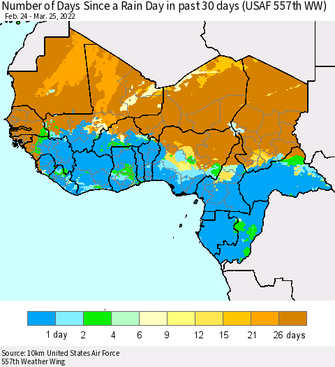 Western Africa Number of Days Since a Rain Day in past 30 days (USAF 557th WW) Thematic Map For 3/21/2022 - 3/25/2022