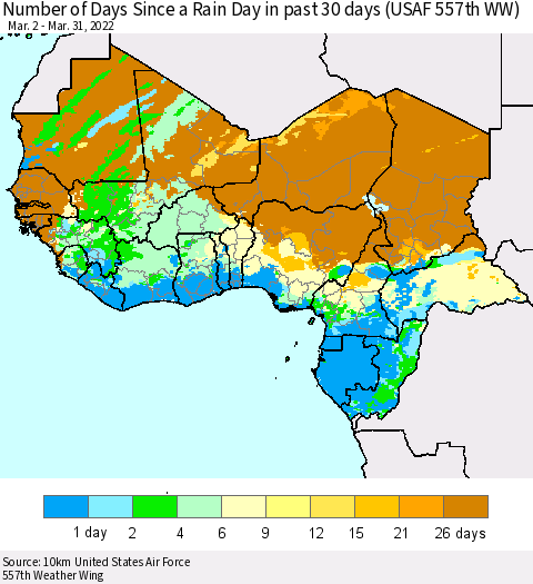 Western Africa Number of Days Since a Rain Day in past 30 days (USAF 557th WW) Thematic Map For 3/26/2022 - 3/31/2022