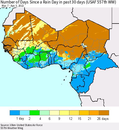 Western Africa Number of Days Since a Rain Day in past 30 days (USAF 557th WW) Thematic Map For 4/1/2022 - 4/5/2022