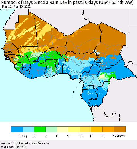 Western Africa Number of Days Since a Rain Day in past 30 days (USAF 557th WW) Thematic Map For 4/6/2022 - 4/10/2022