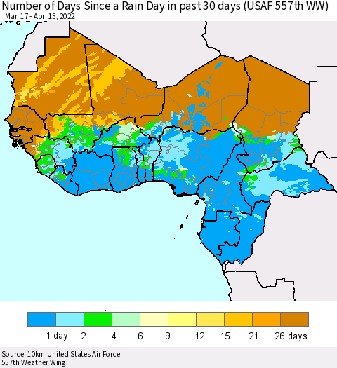 Western Africa Number of Days Since a Rain Day in past 30 days (USAF 557th WW) Thematic Map For 4/11/2022 - 4/15/2022