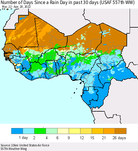 Western Africa Number of Days Since a Rain Day in past 30 days (USAF 557th WW) Thematic Map For 4/16/2022 - 4/20/2022