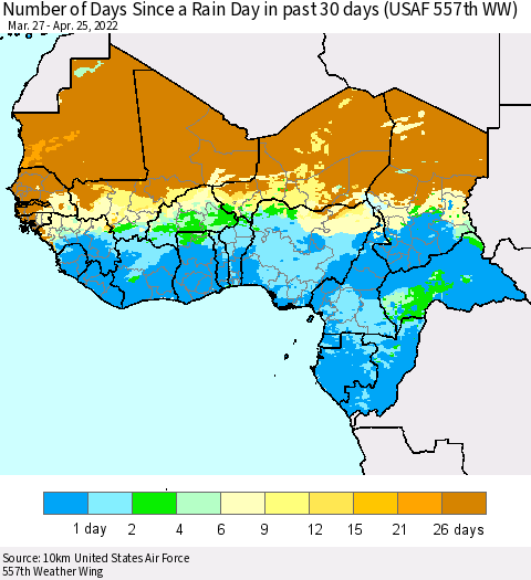 Western Africa Number of Days Since a Rain Day in past 30 days (USAF 557th WW) Thematic Map For 4/21/2022 - 4/25/2022
