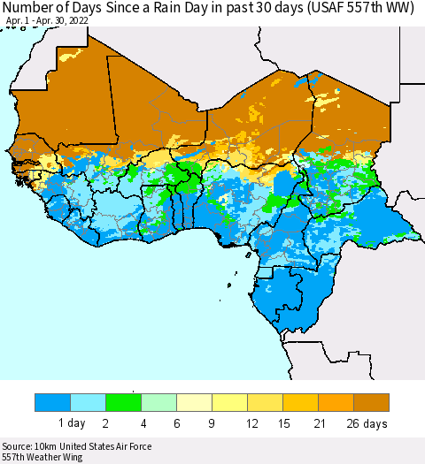 Western Africa Number of Days Since a Rain Day in past 30 days (USAF 557th WW) Thematic Map For 4/26/2022 - 4/30/2022