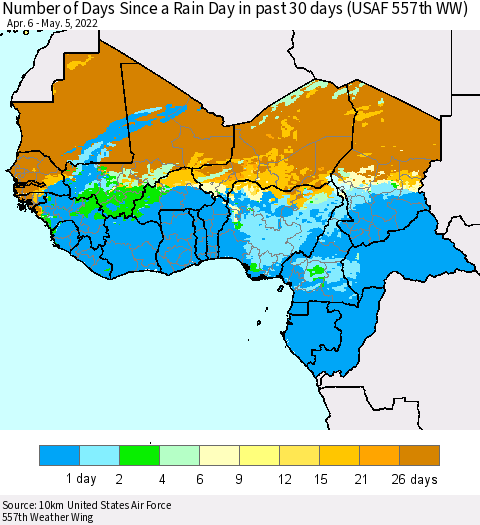 Western Africa Number of Days Since a Rain Day in past 30 days (USAF 557th WW) Thematic Map For 5/1/2022 - 5/5/2022