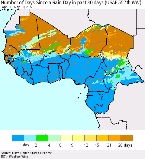 Western Africa Number of Days Since a Rain Day in past 30 days (USAF 557th WW) Thematic Map For 5/6/2022 - 5/10/2022