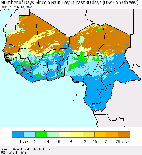 Western Africa Number of Days Since a Rain Day in past 30 days (USAF 557th WW) Thematic Map For 5/11/2022 - 5/15/2022