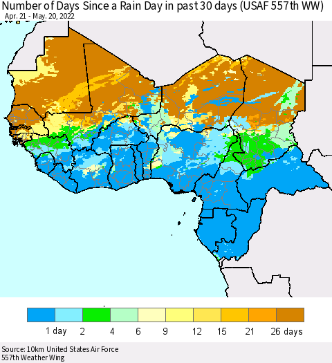 Western Africa Number of Days Since a Rain Day in past 30 days (USAF 557th WW) Thematic Map For 5/16/2022 - 5/20/2022