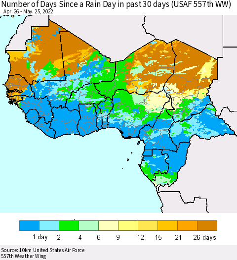 Western Africa Number of Days Since a Rain Day in past 30 days (USAF 557th WW) Thematic Map For 5/21/2022 - 5/25/2022