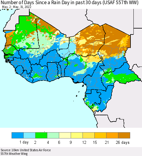 Western Africa Number of Days Since a Rain Day in past 30 days (USAF 557th WW) Thematic Map For 5/26/2022 - 5/31/2022