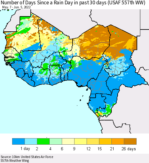 Western Africa Number of Days Since a Rain Day in past 30 days (USAF 557th WW) Thematic Map For 6/1/2022 - 6/5/2022