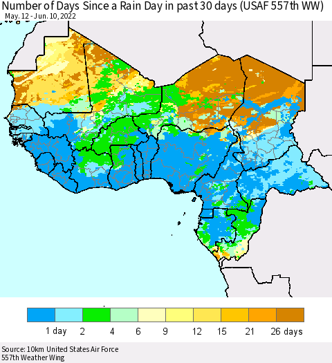 Western Africa Number of Days Since a Rain Day in past 30 days (USAF 557th WW) Thematic Map For 6/6/2022 - 6/10/2022