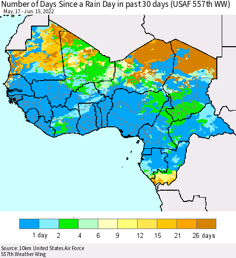 Western Africa Number of Days Since a Rain Day in past 30 days (USAF 557th WW) Thematic Map For 6/11/2022 - 6/15/2022