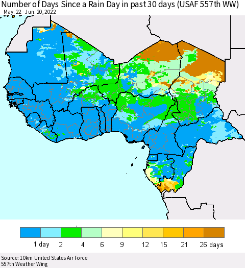 Western Africa Number of Days Since a Rain Day in past 30 days (USAF 557th WW) Thematic Map For 6/16/2022 - 6/20/2022