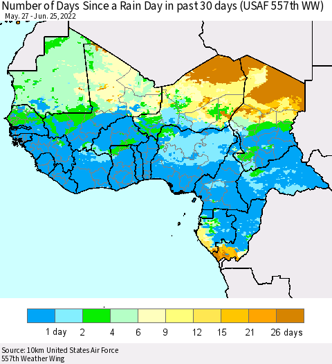 Western Africa Number of Days Since a Rain Day in past 30 days (USAF 557th WW) Thematic Map For 6/21/2022 - 6/25/2022